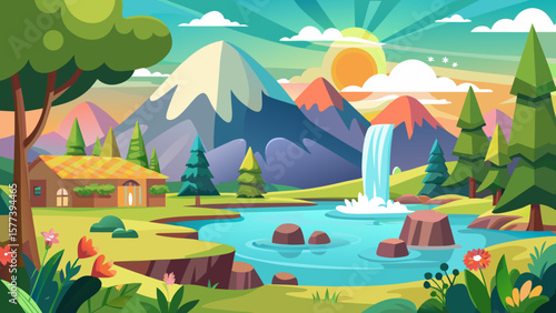 Vector art of a colorful cartoon landscape featuring a serene lake, cascading waterfall, and lush greenery under a bright sun, creating a whimsical and inviting scene