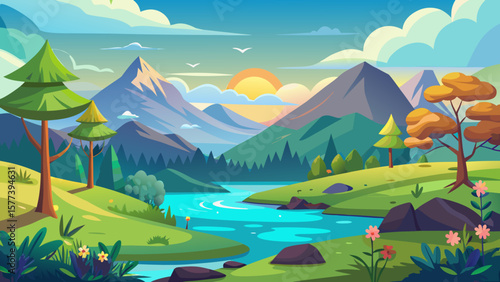 Vector art of a picturesque cartoon landscape presents mountains, a winding river, and lush trees under a bright sun and fluffy clouds
