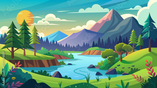 Vector art of a picturesque cartoon landscape featuring mountains, a winding river, and lush forests under a sunny sky