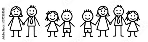 Set of stick figure family illustrations with parents and children holding hands. Simple black line drawing style. Family, parenting, and childhood concept.