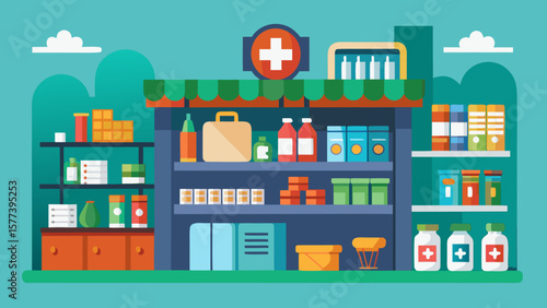 Vector art of a vibrant cartoon illustration of a pharmacy store with shelves stocked with various medicines and health products