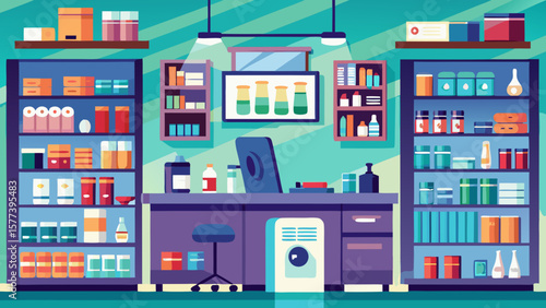 Vector art of a cartoon pharmacy interior with shelves of medicine, a counter, and a computer creates a professional atmosphere