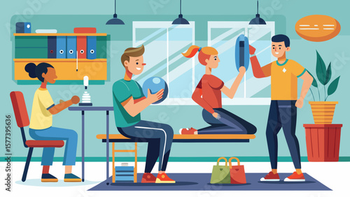 Vector art of in a rehabilitation center, patients engage in physical therapy exercises with the guidance of therapists, focusing on recovery and improved mobility