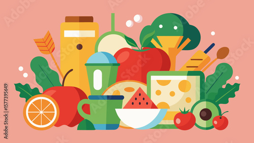 Vector art of a vibrant still life illustration showcases a variety of nutritious fruits, vegetables, and healthy food items for a balanced diet