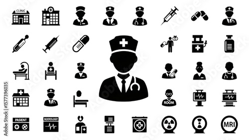 Hospital Signage Glyph Icon Set – Clinic, Doctor, Nurse, Pharmacy, Medication, MRI, Vaccination, Patient Room Vector

