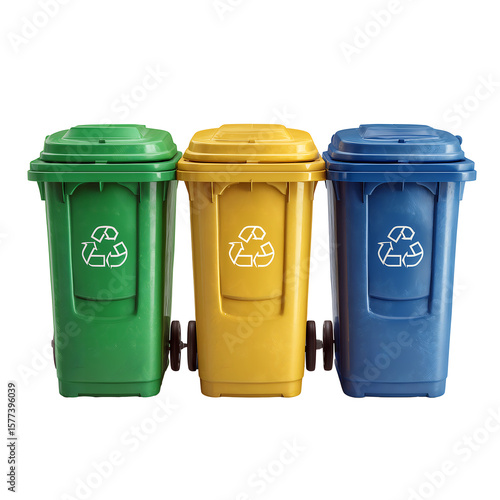 Colorful Recycling Bins on White Background, Vibrant Plastic Recycling Bins in Row PNG
