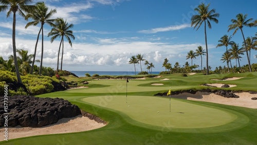 Sunny day on a tropical golf course fairway with the putting green in the distance surrounded by palm trees and sand traps, lava rock, blue pacific ocean, and blue sky and white clouds in background S