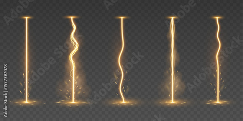 Set of golden vertical energy lightning bolts with glowing and sparkling effects. Realistic magic electric beams for video games, VFX, futuristic or fantasy themes. Vector illustration.