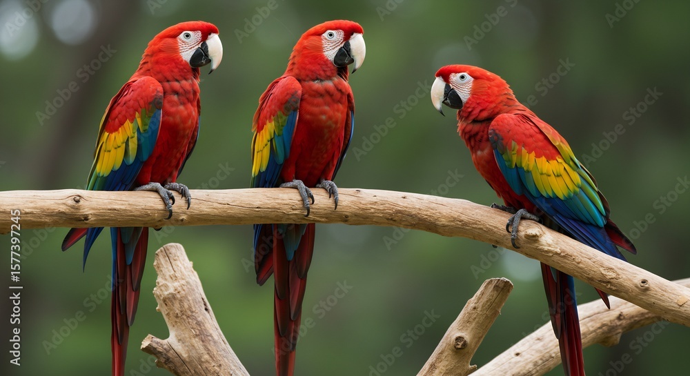 Obraz premium Three Scarlet Macaws Perched on a Branch, Vibrant Tropical Birds in a Natural Setting