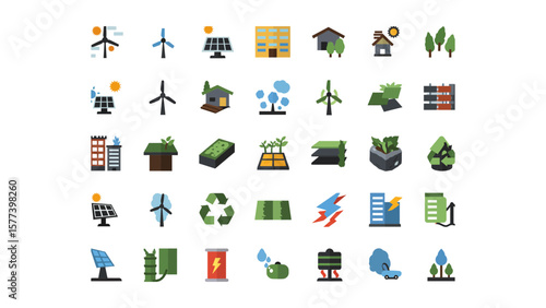 A comprehensive set of flat design icons illustrating the concept of green energy, sustainability, and renewable resources. Includes symbols for solar, wind, and eco-friendly technology.