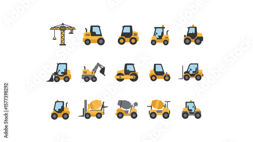 Collection of yellow construction vehicles and equipment icons.