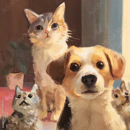 Family photo of cats and dogs