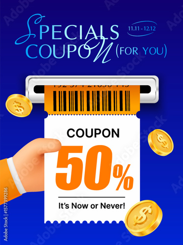 3d coupon with coupon code, percentage off is being printed from a slot held by a hand, golden coins flying around, isolated on background. Gift voucher discount banner in 3d vector illustration