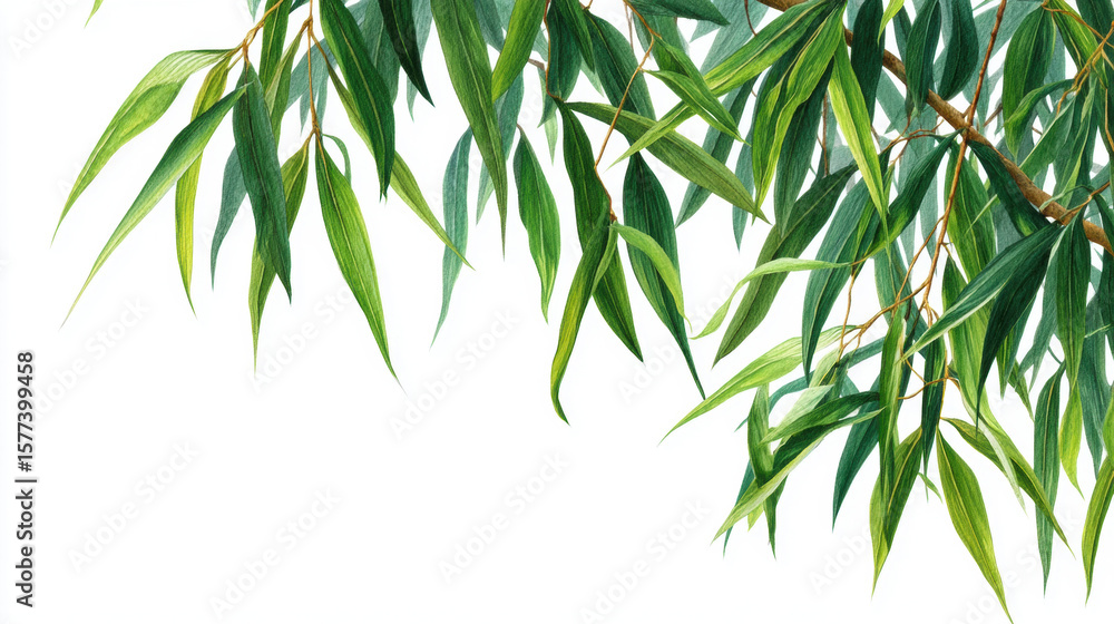 Naklejka premium Bamboo Leaves, A minimalist watercolor painting of narrow, elegant green bamboo leaves hanging down on a white background, nature wallpaper. Watercolor illustration background.