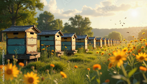  Row of colorful beehives in wildflower meadow at sunset

