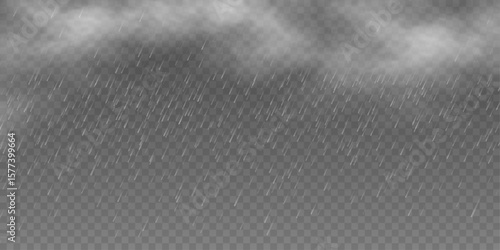 Realistic heavy rain with soft fog isolated on transparent background. Misty clouds and raindrops for dramatic weather scene. Footage for seasonal atmospheric overlays. Vector illustration.