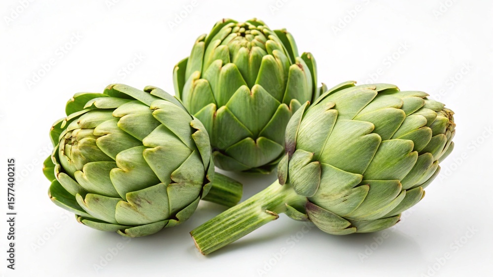 Obraz premium Three Fresh Green Artichokes Isolated on White Background: Vibrant, Healthy, and Ready to Cook.