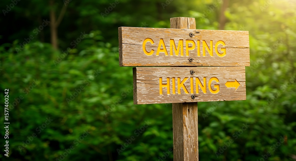 Wooden Signpost Guiding Hikers and Campers to Outdoor Adventures Wooden Signpost Guiding Hikers and Campers to Outdoor Adventures
