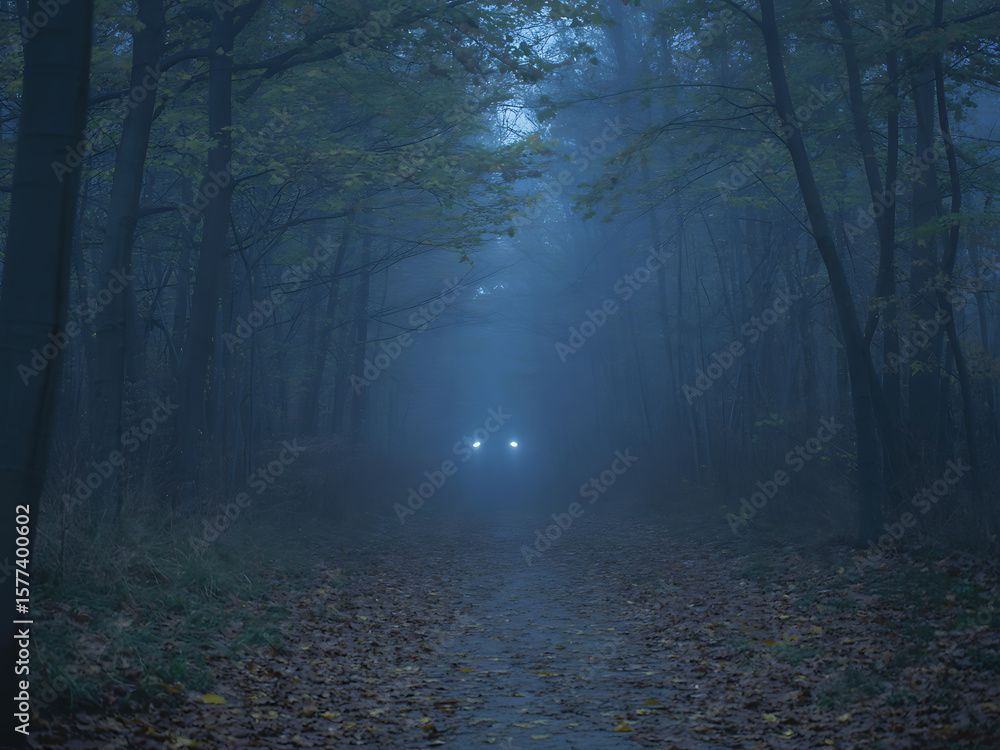 Obraz premium Dark eerie forest trail with blue mist and light beam, mysterious spooky Halloween background