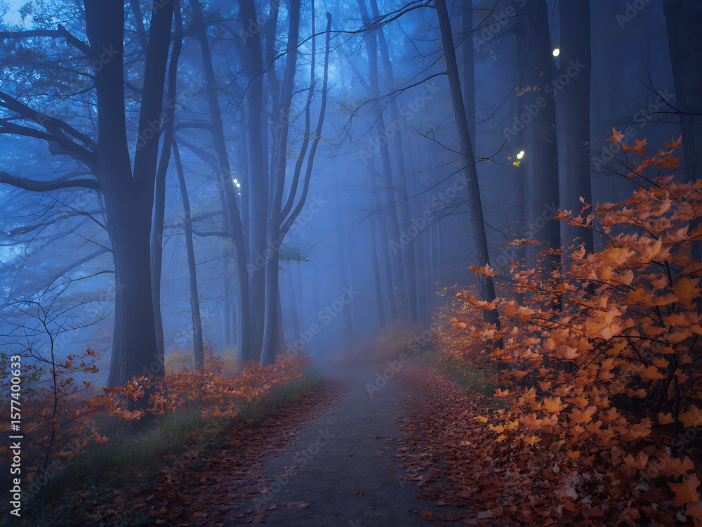 Obraz premium Halloween forest path covered in autumn leaves with blue mist and moody lighting ambiance