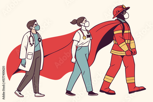 Flat Illustration of Humanitarian Heroes Wearing Capes Symbolizing Compassion and Bravery
