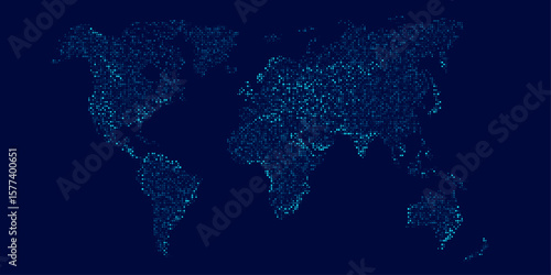 Futuristic digital world map of glowing blue dots or pixels across continents. Global connectivity with big data. Design for your UI backgrounds or FinTech projects. Vector illustration.