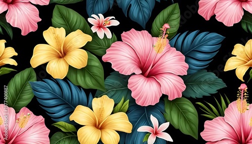 Vibrant hibiscus flowers and tropical leaves create a lush, repeating pattern against a dark background.