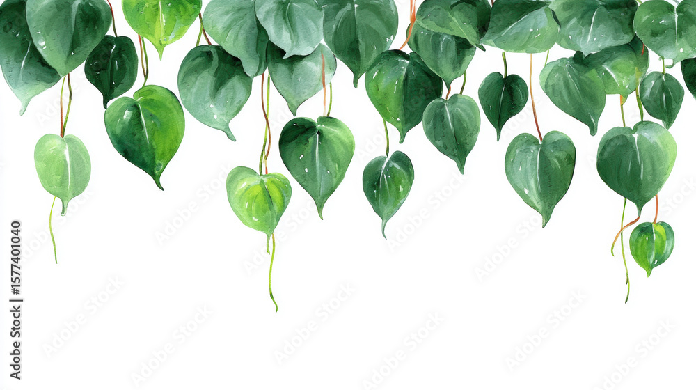 Obraz premium Philodendron Leaves ,A minimalist watercolor painting of heart-shaped philodendron leaves hanging down on a white background, nature wallpaper. Watercolor illustration background.