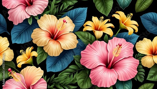 Wallpaper Mural Colorful hibiscus and lily flowers with lush foliage create a vibrant, tropical floral arrangement on a dark background. Torontodigital.ca