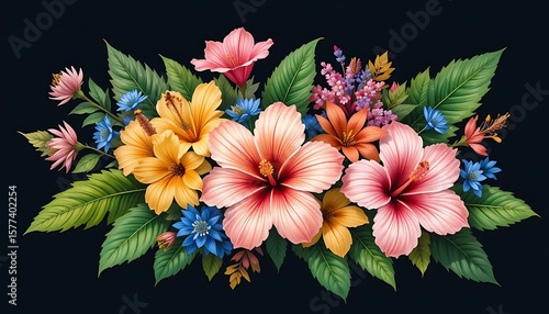 A colorful floral arrangement featuring hibiscus, lilies, and other flowers with vibrant green leaves against a dark background.