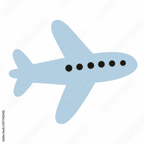 Simple flat airplane icon in blue with round windows. Perfect for travel designs, airline infographics, navigation tools, and transportation-themed illustrations.