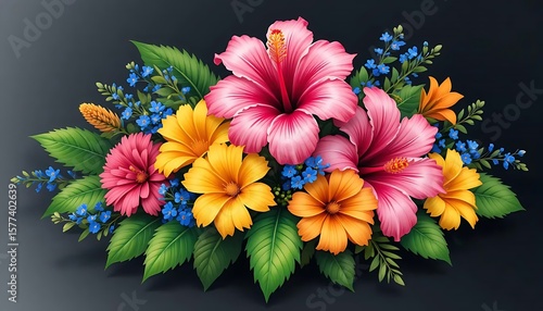 A colorful floral arrangement featuring pink hibiscus, yellow daisies, and blue forget-me-nots against a dark background.