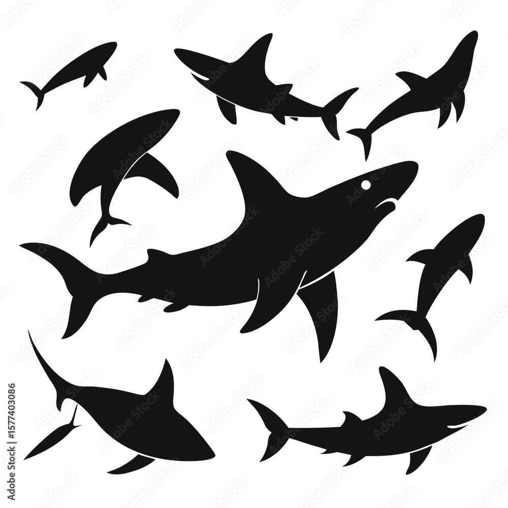 Obraz premium Vector illustration of a set of black silhouettes of sharks and other marine animals in the ocean