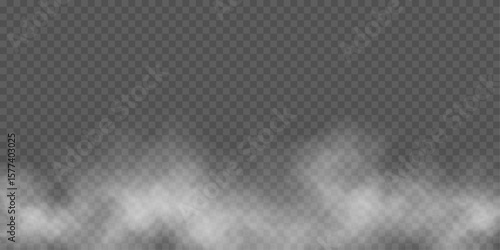 Realistic white fog or smoke effect isolated on transparent background. Misty atmospheric element for overlaying on images, dramatic scenes or cinematic weather visual effects. Vector illustration.