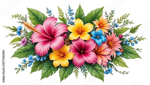 Vibrant floral arrangement featuring hibiscus and various colorful flowers, lush foliage, and a decorative design.