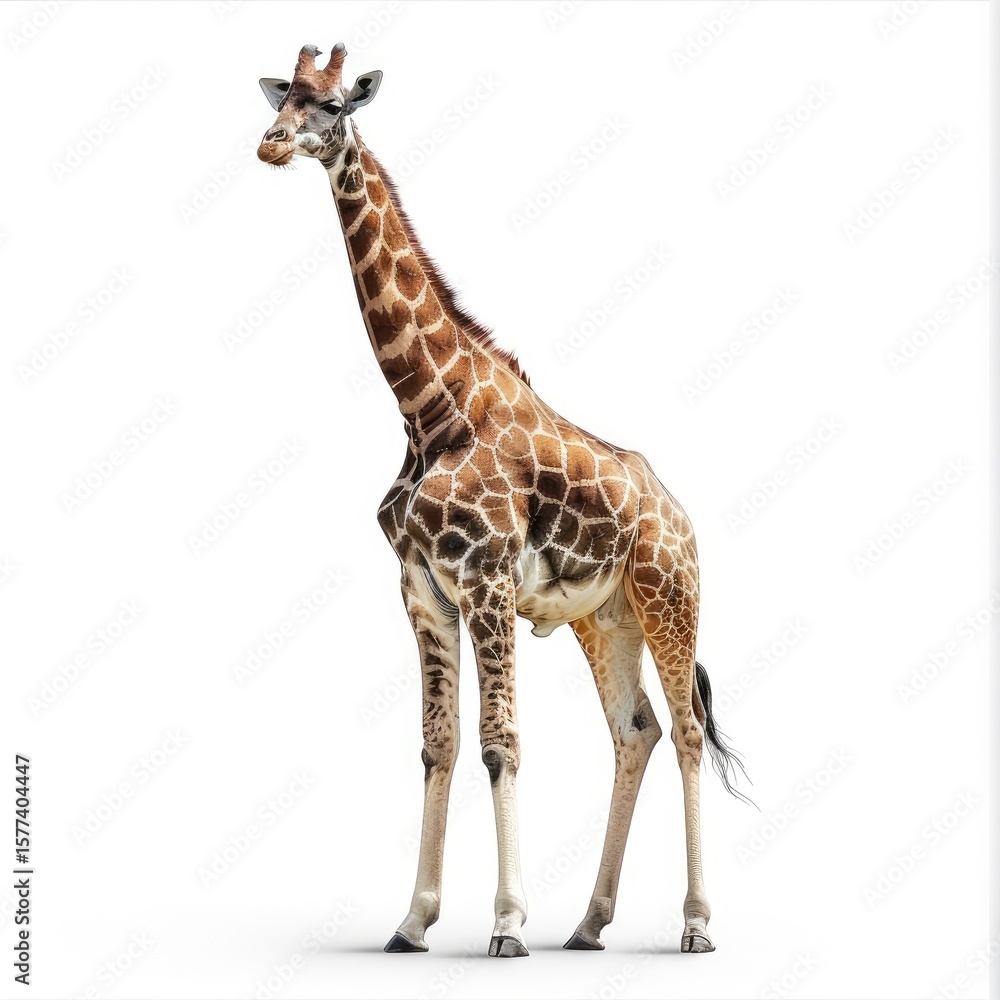 Obraz premium Giraffe standing, its full body isolated on a white background, in a high resolution photo realistic style. 