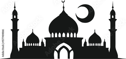 Silhouette of a mosque in Istanbul Turkey with dome and minarets against the city skyline.