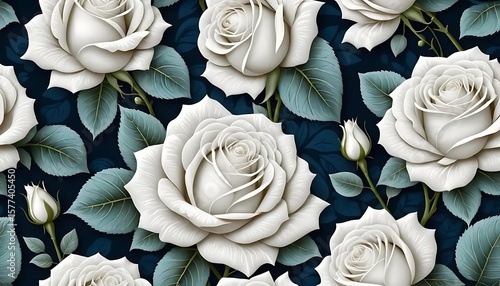 A repeating pattern of white roses with light blue-green leaves set against a dark blue background.