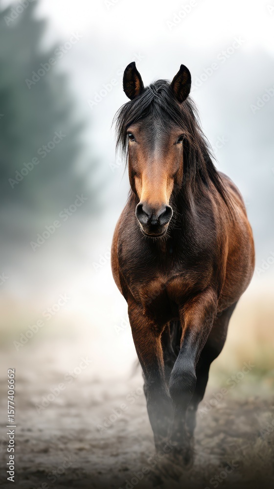Horse walking through misty field in serene landscape during early morning light Horse walking through misty field in serene landscape during early morning light