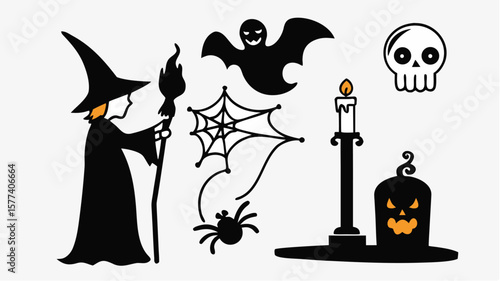 Spooky Halloween vector illustration featuring a witch with a broom and pumpkin, a black cat, and bats under a moonlit autumn night sky