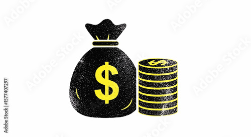 Halftone Money Bag and Coin Stack: A Distressed Black and White Graphic with Vibrant Yellow Dollar Sign Accents, Featuring a Cinched Bag and Vertical Coin Pile
