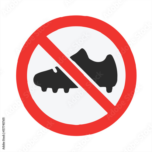 No cleats allowed sign icon, with red prohibition circle over soccer shoes, for restricted footwear area concept vector illustration

