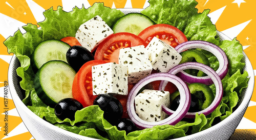 Pop Art Greek Salad Halftone: A Bold Graphic Novel Illustration of Crisp Greens, Red Tomatoes, White Feta, Dark Olives, Yellow Accents, and Dynamic Starburst Background
