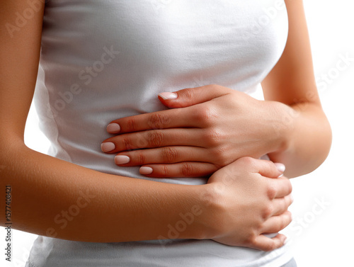 Wallpaper Mural Health Concerns: A person clutches their abdomen, conveying a sense of discomfort and concern. The image encapsulates the complexities of healthcare. Torontodigital.ca