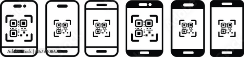 QR code scan icon with smartphone. Mobile phone scanning qr-code vector illustration. Hand holding a phone with scanner symbol
