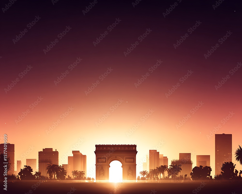 Naklejka premium Sunset cityscape with arch and buildings