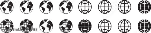 Globe Icons Set, World Map and Global Network Symbol Vector Illustration