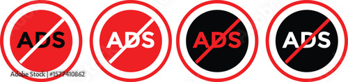 ad block icon set. No ads icon. No ad blocker icon set with red and black color. Remove advertisement logos. Ads with prohibition marks
