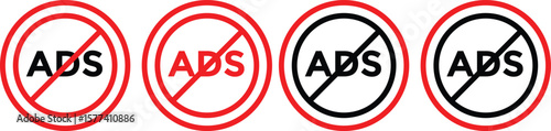 ad block icon set. No ads icon. No ad blocker icon set with red and black color. Remove advertisement logos. Ads with prohibition marks
