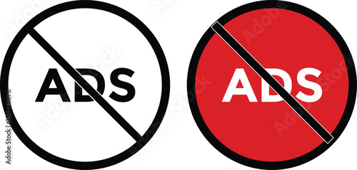 ad block icon set. No ads icon. No ad blocker icon set with red and black color. Remove advertisement logos. Ads with prohibition marks
